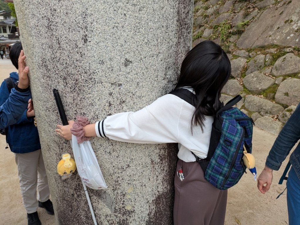 宮島で石の鳥居を観察する様子