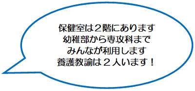 保健室は2階にあります。幼稚部から専攻科までみんなが利用します。